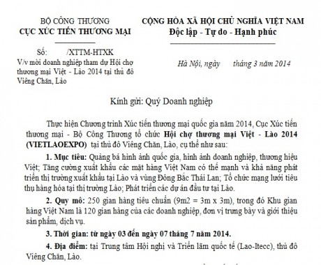 Cục XTTM: Thư mời tham dự Hội chợ Việt Lào 2014